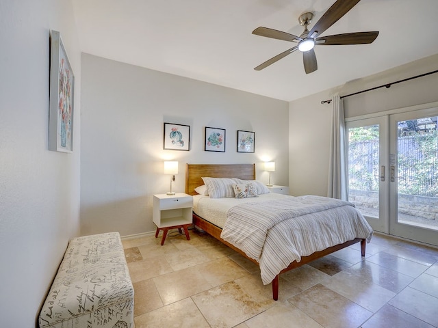 bedroom featuring access to exterior, french doors, and ceiling fan