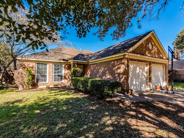 ranch-style house featuring a garage and a front yard