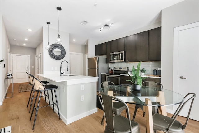 kitchen with backsplash, sink, light wood-type flooring, appliances with stainless steel finishes, and decorative light fixtures