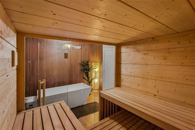 sauna / steam room featuring wood walls and wood ceiling