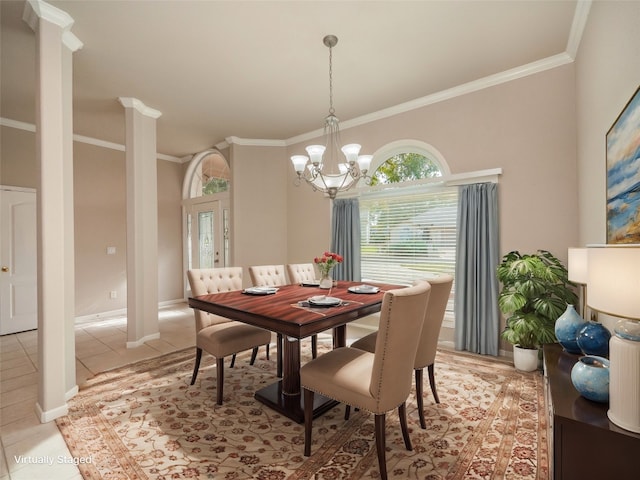 tiled dining room featuring crown molding and a notable chandelier