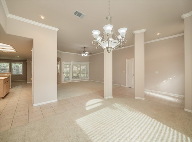 carpeted empty room featuring crown molding and ceiling fan with notable chandelier