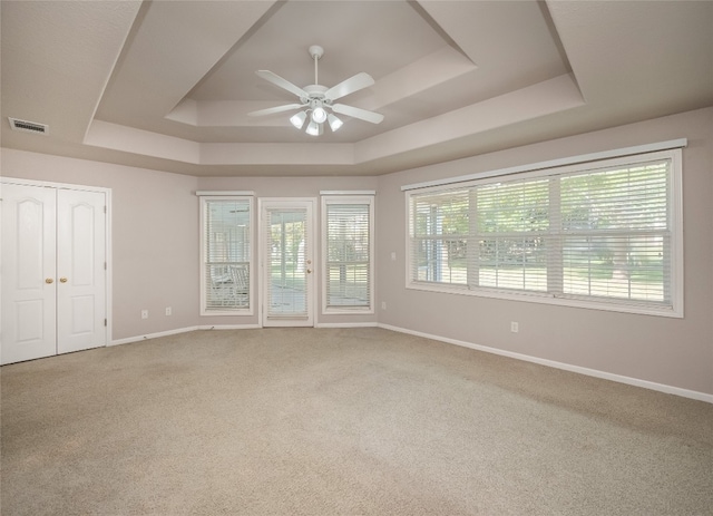 carpeted spare room with ceiling fan, a healthy amount of sunlight, and a raised ceiling