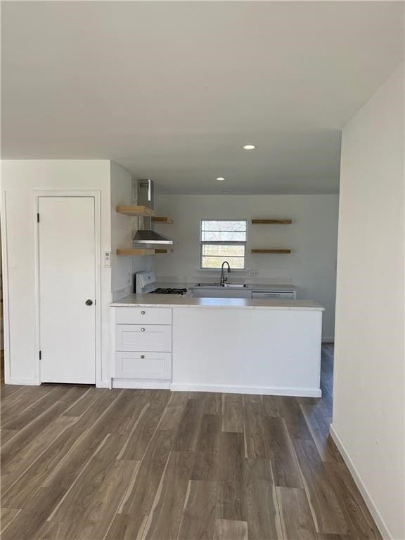 kitchen with white cabinetry, dark hardwood / wood-style flooring, white stove, and sink