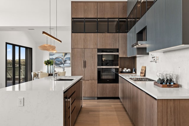 kitchen featuring pendant lighting, backsplash, sink, light wood-type flooring, and appliances with stainless steel finishes