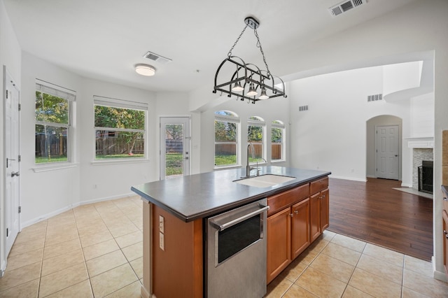 kitchen featuring a healthy amount of sunlight, light wood-type flooring, sink, and a kitchen island with sink