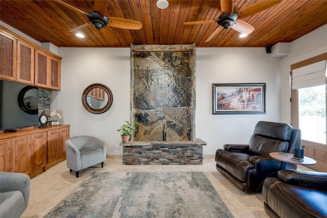 living room with ceiling fan and wooden ceiling