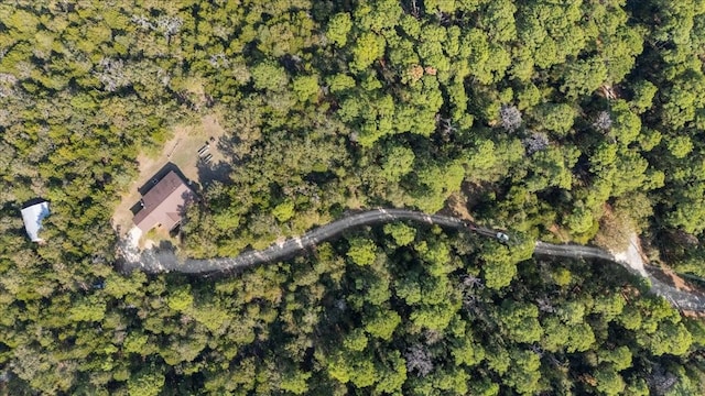 birds eye view of property featuring a forest view