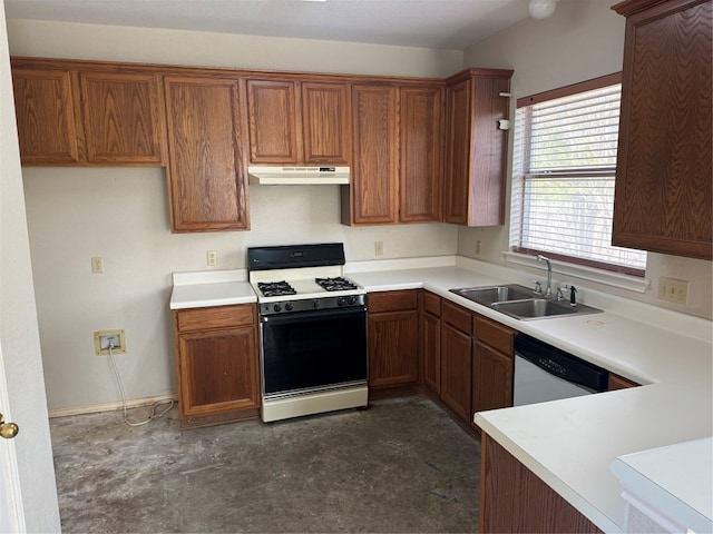 kitchen featuring white gas range, sink, and stainless steel dishwasher