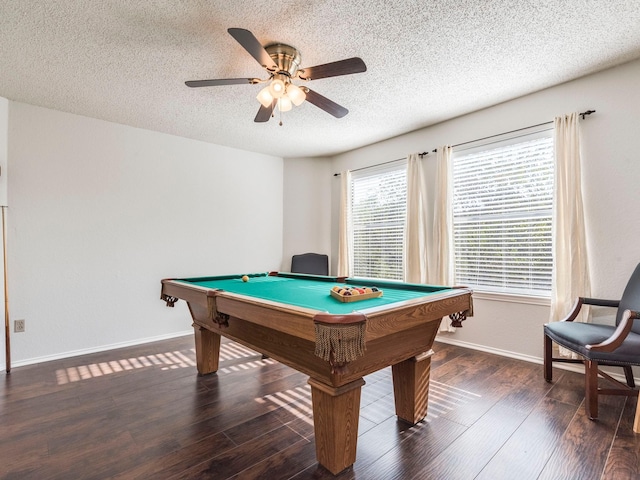 rec room featuring dark wood-type flooring, pool table, a textured ceiling, and ceiling fan