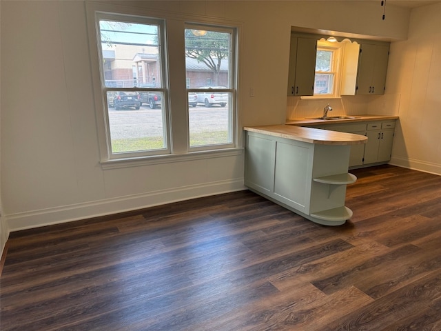 kitchen featuring kitchen peninsula, dark wood-type flooring, and sink