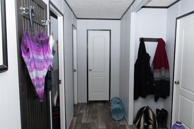 hallway featuring a textured ceiling and dark wood finished floors