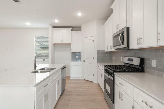 kitchen with sink, stainless steel appliances, decorative backsplash, white cabinets, and light wood-type flooring