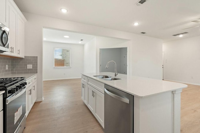 kitchen featuring appliances with stainless steel finishes, a center island with sink, white cabinetry, and sink