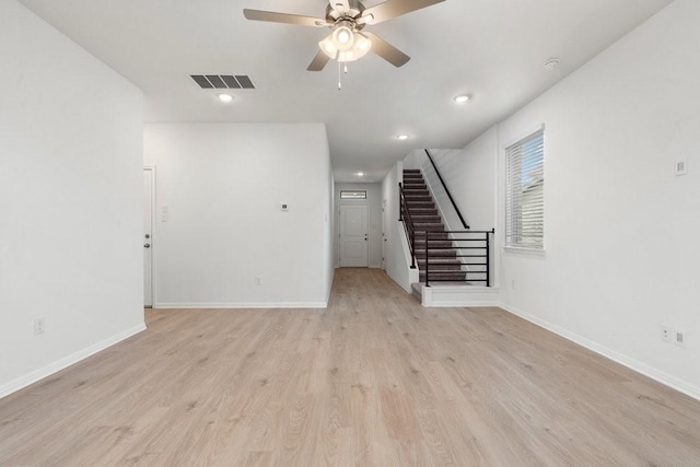 unfurnished living room with ceiling fan and light wood-type flooring