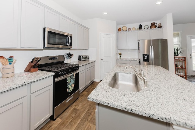 kitchen with sink, a center island with sink, light stone countertops, and appliances with stainless steel finishes