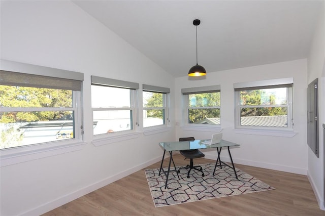 office with a healthy amount of sunlight, vaulted ceiling, and hardwood / wood-style flooring