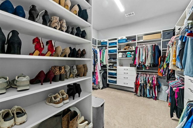 walk in closet with light colored carpet