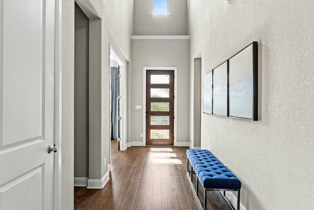 interior space with a towering ceiling and dark hardwood / wood-style floors