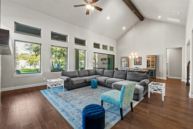 living room with dark hardwood / wood-style floors, beam ceiling, ceiling fan with notable chandelier, and high vaulted ceiling