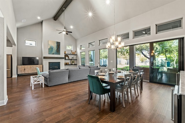 dining area featuring beamed ceiling, a healthy amount of sunlight, high vaulted ceiling, and dark hardwood / wood-style floors