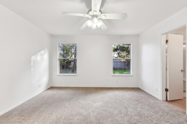 carpeted spare room with ceiling fan and a wealth of natural light