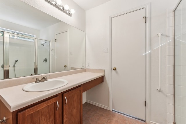 bathroom featuring tile patterned floors, vanity, and walk in shower