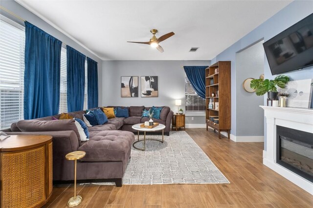 living room with ceiling fan and hardwood / wood-style floors