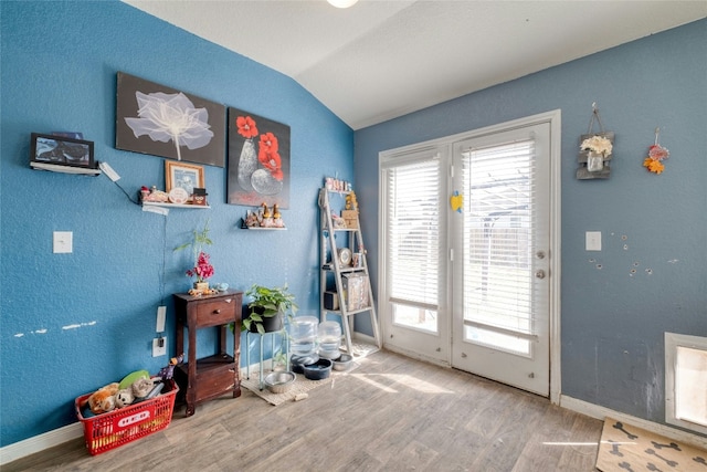 doorway with hardwood / wood-style floors and lofted ceiling