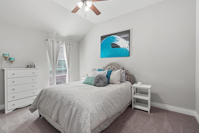 carpeted bedroom with ceiling fan and lofted ceiling