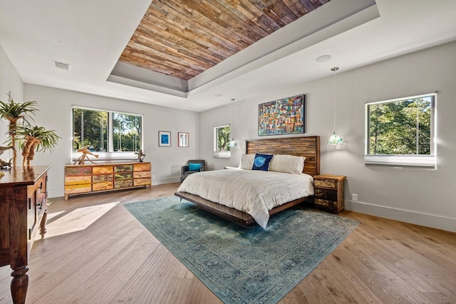 bedroom featuring light hardwood / wood-style floors and a tray ceiling