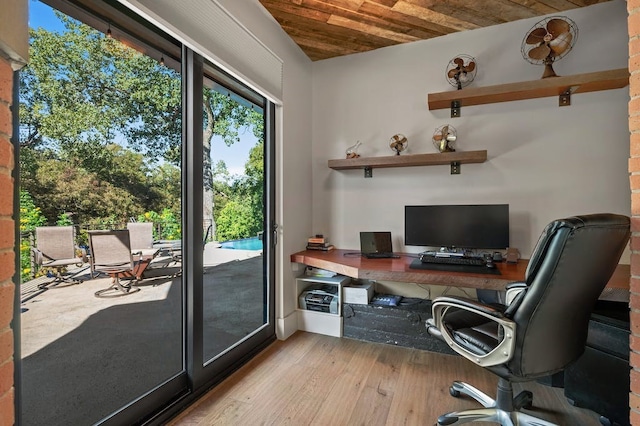 home office featuring wooden ceiling and light hardwood / wood-style floors