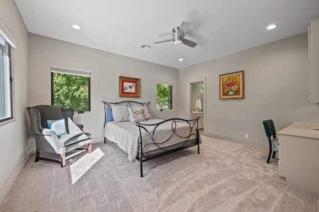 carpeted bedroom featuring ceiling fan