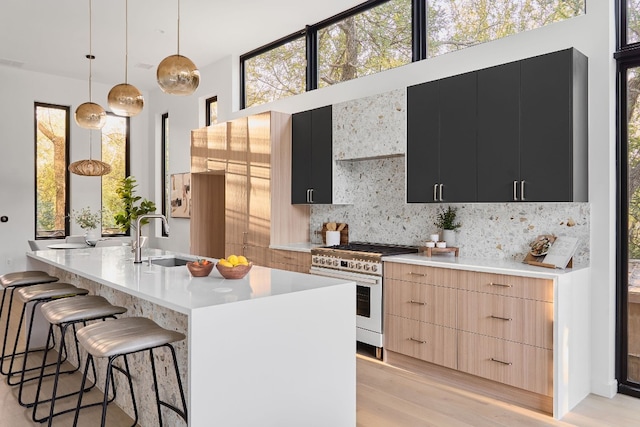 kitchen featuring high end range, plenty of natural light, hanging light fixtures, and an island with sink