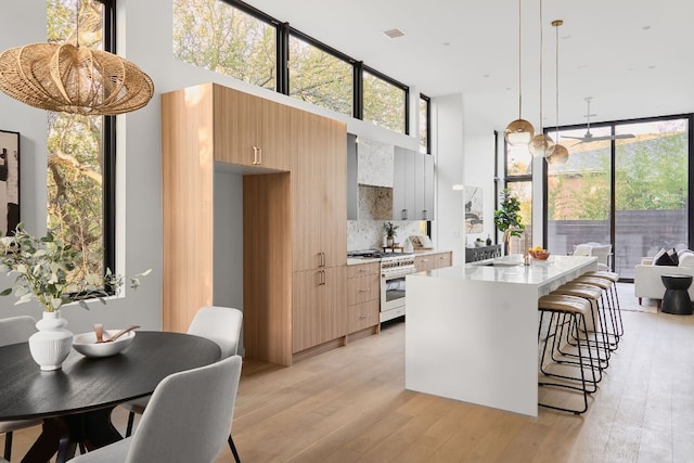 kitchen featuring stainless steel range, hanging light fixtures, backsplash, a kitchen island with sink, and light wood-type flooring