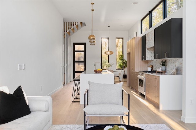 kitchen with sink, light hardwood / wood-style flooring, backsplash, decorative light fixtures, and high end range