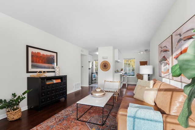 living room with dark wood-type flooring