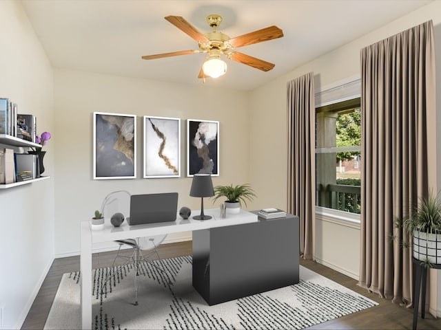 office space featuring ceiling fan and dark hardwood / wood-style flooring