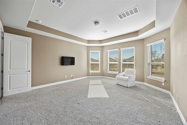 unfurnished room with a tray ceiling, carpet floors, and a textured ceiling