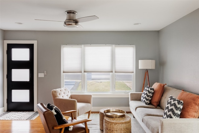 living room with ceiling fan and wood-type flooring