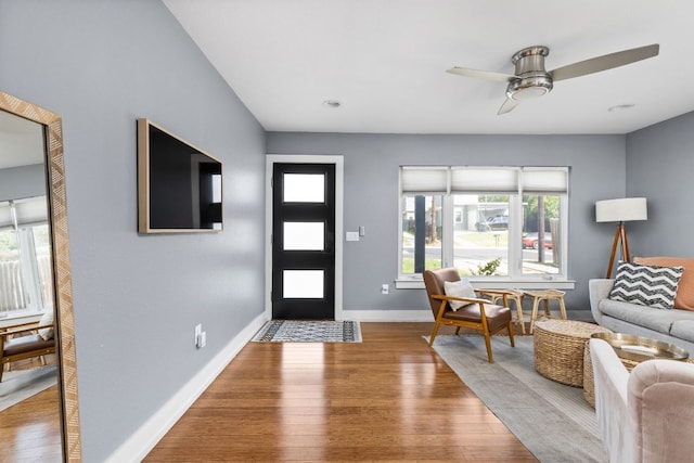 7611 Providence Ave Unit A, Austin, TX 78752 - foyer entrance featuring wood finished floors and a ceiling fan