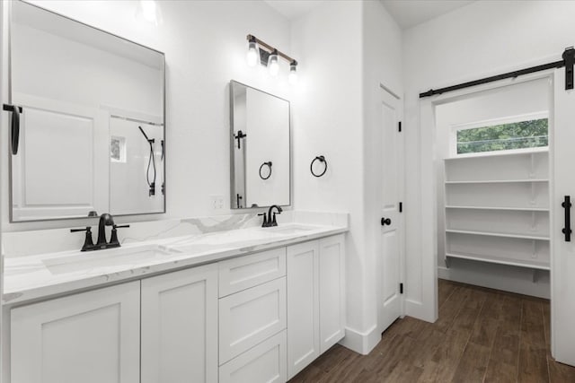 bathroom with hardwood / wood-style flooring and vanity