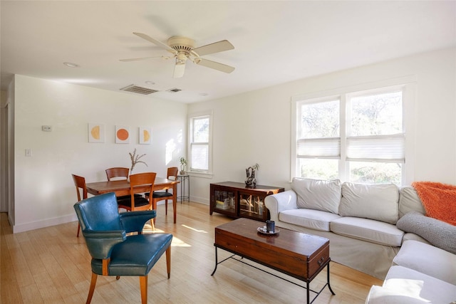 living room featuring ceiling fan and light hardwood / wood-style floors