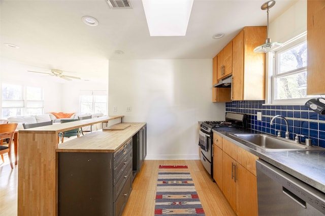 kitchen featuring ceiling fan, sink, stainless steel appliances, tasteful backsplash, and light wood-type flooring