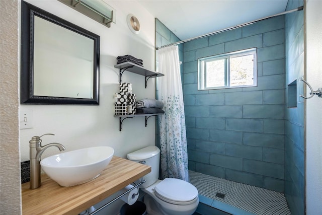 bathroom with a shower with curtain, toilet, and sink