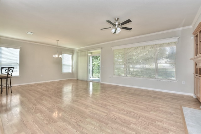 unfurnished living room with crown molding, ceiling fan with notable chandelier, and light wood-type flooring