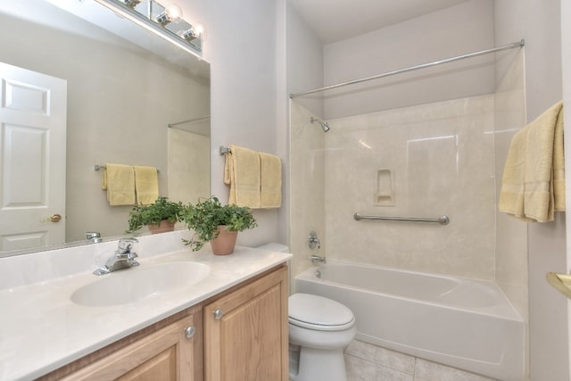 full bathroom with tile patterned floors, shower / tub combination, vanity, and toilet