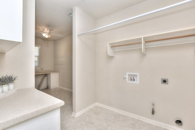 laundry room with hookup for a gas dryer, hookup for a washing machine, ceiling fan, hookup for an electric dryer, and light tile patterned flooring