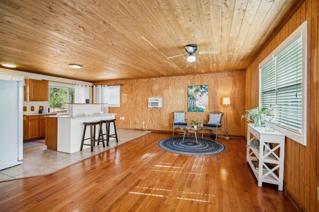 living area featuring wooden walls, light wood-type flooring, and wooden ceiling