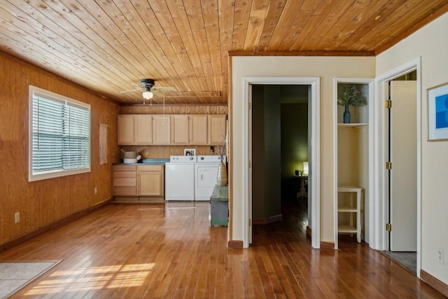 192 Carmen Hill Ln, Bastrop, TX 78602 - laundry room featuring washer and dryer, wooden ceiling, cabinet space, hardwood / wood-style floors, and ceiling fan